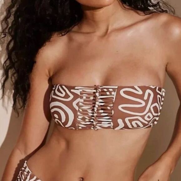 Stone Fox Swim Rawhide Swirl Brown White  XS Bandeau Bikini Resort Wear Top NWT - Picture 1 of 4